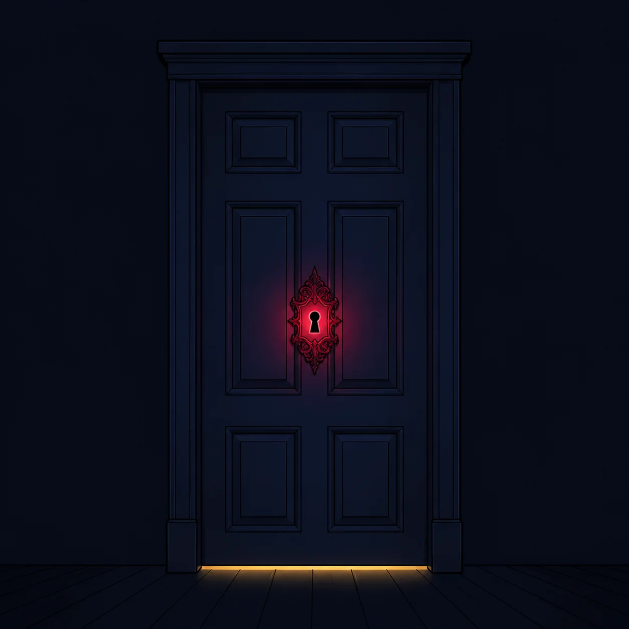A dark panelled door with a glowing red keyhole