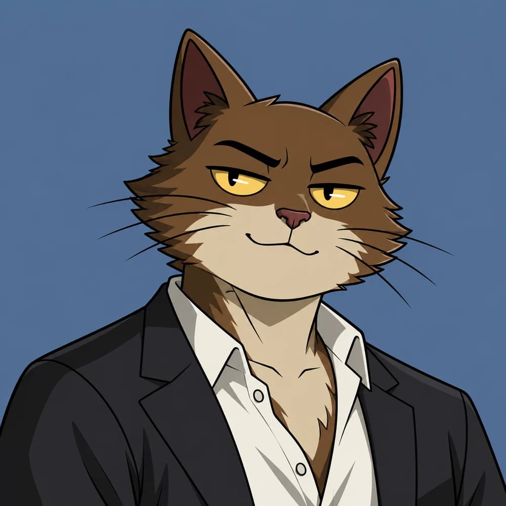 A brown cat in a charcoal suit and open collar shirt