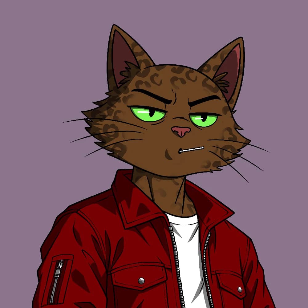 A leopard-spotted cat in a red jacket