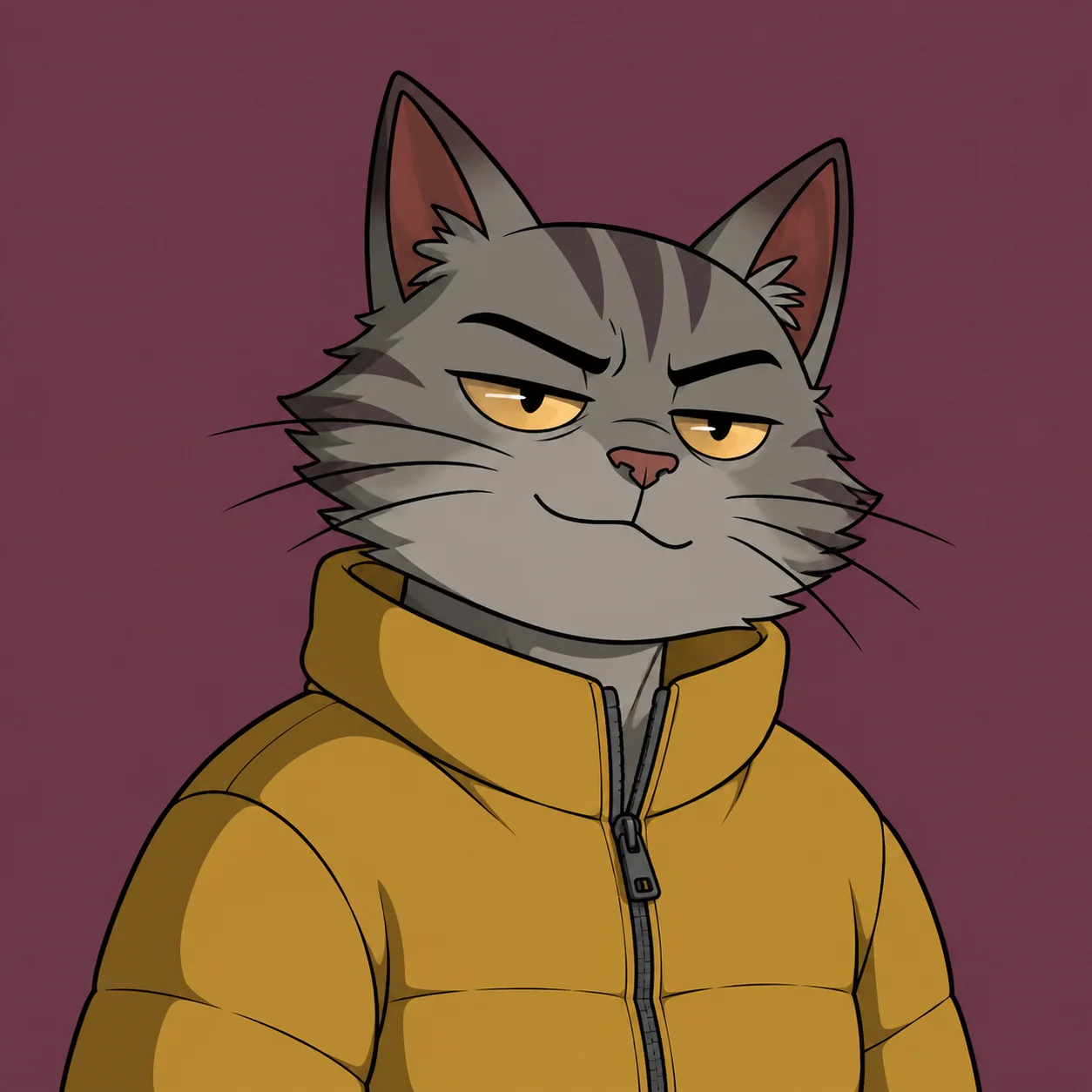 A grey tabby in a mustard puffer jacket