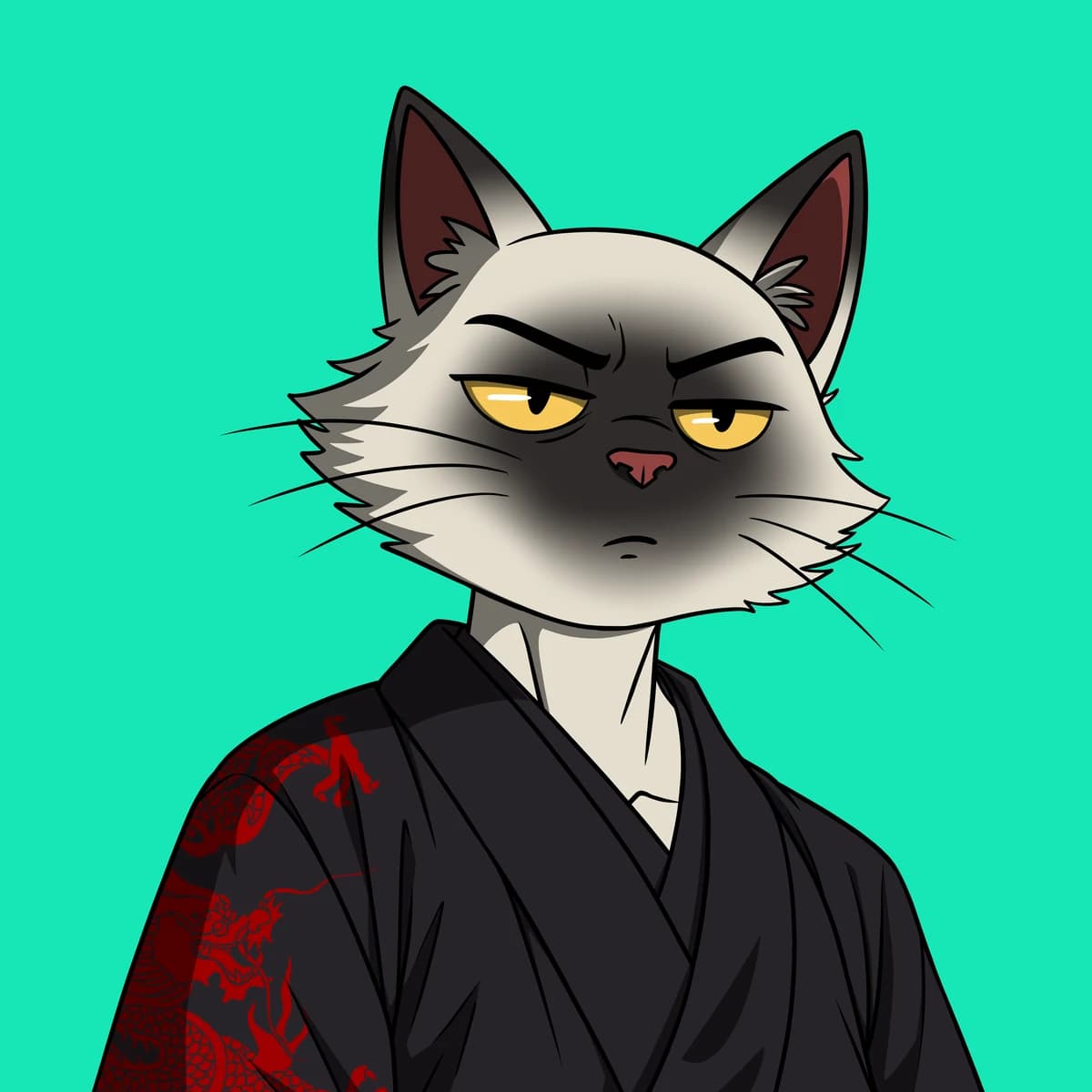 A grey cat in a black kimono with a red dragon
