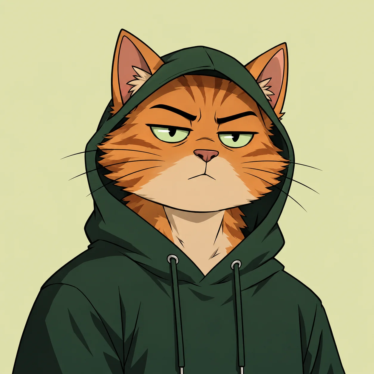 A ginger cat in a green hoodie